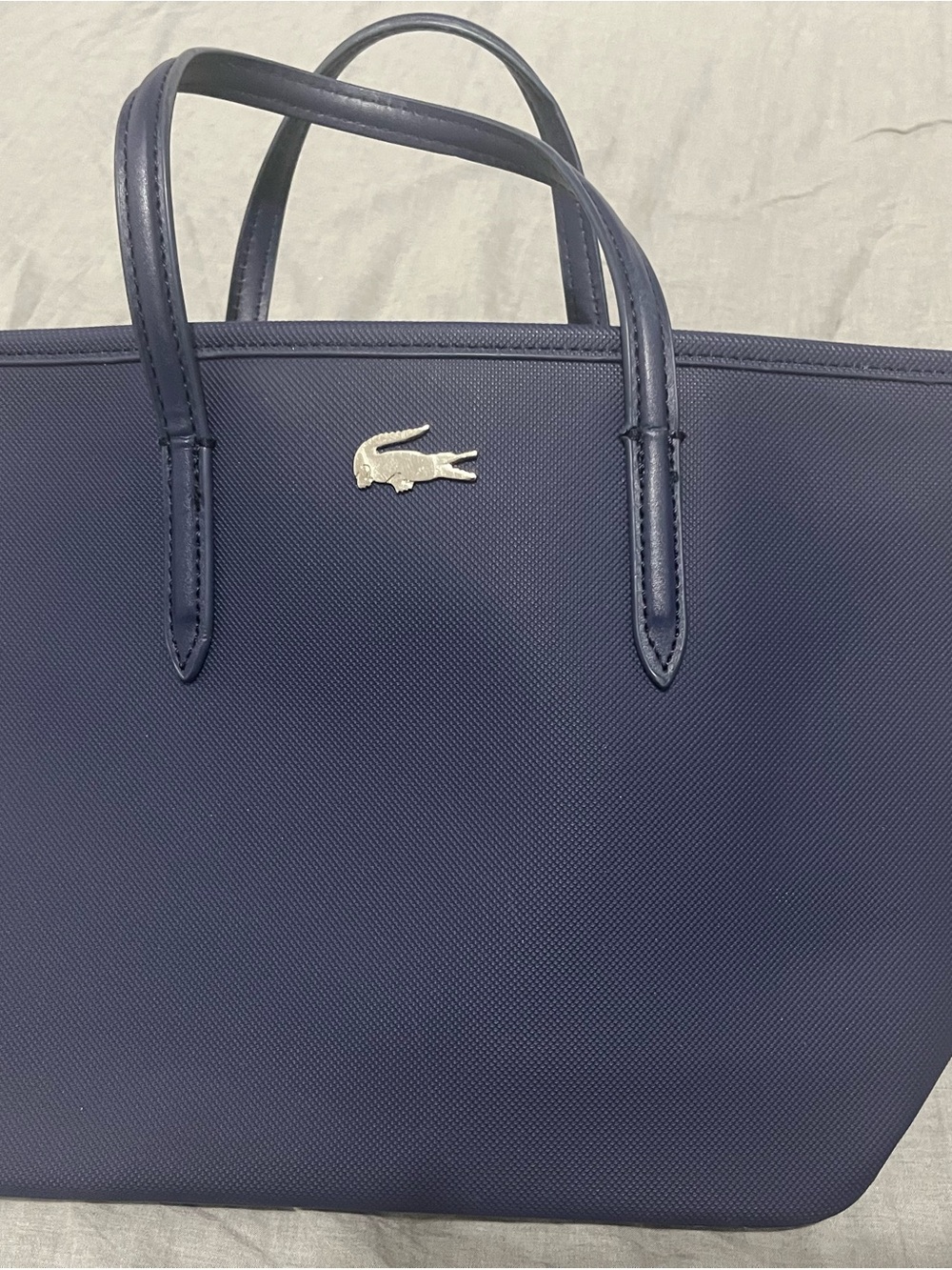 Lacoste Navy Blue Tote with Silver Crocodile Emblem